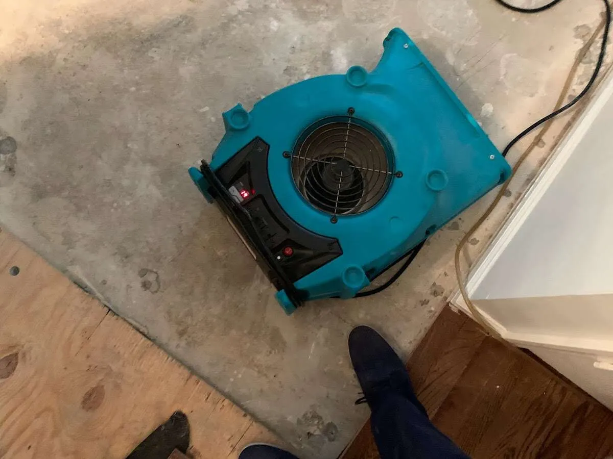 Air mover drying subfloor during Commercial Water Damage Restoration in Palm Springs North